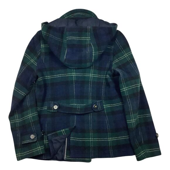 American Eagle Wool Blend Plaid Hooded Pea Coat Jacket Women M L Green Blue Y2K - Picture 10 of 12
